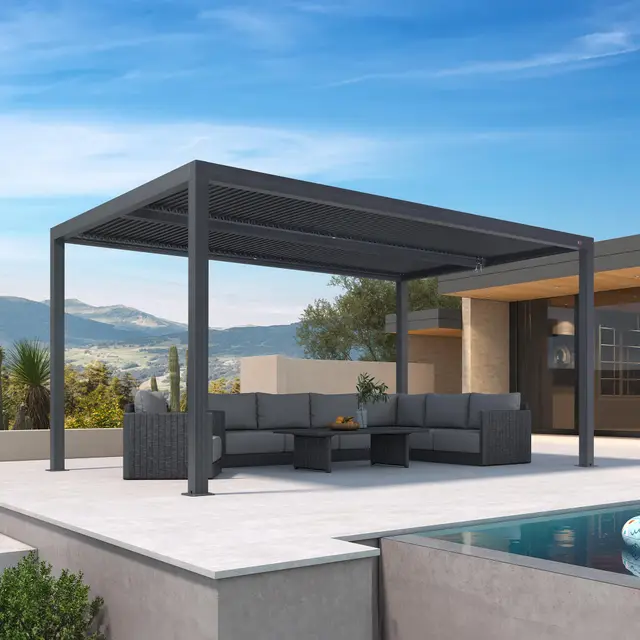 PURPLE LEAF Pergola Bioclimática 4,8 x 3 m Pérgola Aluminio Cuchillas Orientables Superficie 14,4 m² Cenador de Jardín Exterior Miradores para Patio Terraza Exterior, Gris