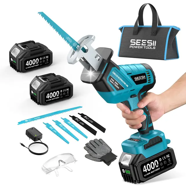 SEESII Sierra Sable Inalámbrica 21V, Sierra Alternativa de 2 Baterías 4.0Ah, 3500 RPM motor sin escobillas, luz LED, 8 hojas de sierra portátil para madera PVC de corte