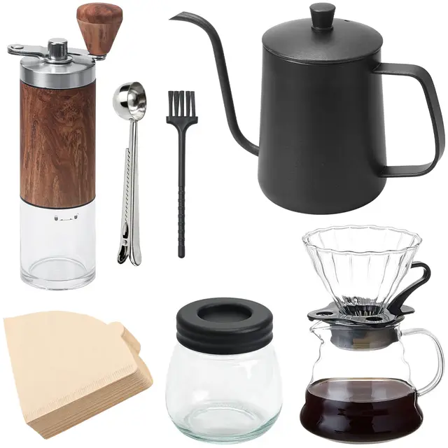 Juego de Molinillo de Café Manual de 7 Piezas,Juego de Cafetera para Verter con Hervidor, Café de Goteo Manual,Juego de Regalo para Cafetera,Adecuado para Viajar Desde Casa(100 Papel Filtro)