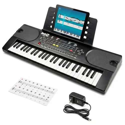 Piano RockJam con teclado de 49 teclas con fuente de alimentación, atril para partituras, pegatinas para notas de piano y lecciones de piano simple.