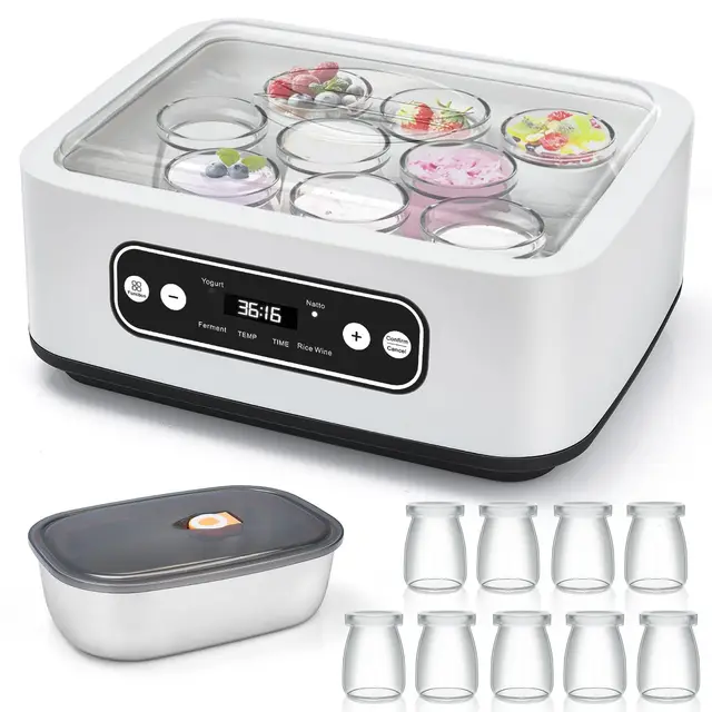 1.6L Yogurtera, Con 9 Latas PortáTiles, 304 Ollas Interiores De Acero Inoxidable, CronóMetro Ajustable Y Calentamiento PTC Para Yogur Casero, Natto, Vino De Arroz Y FermentacióN