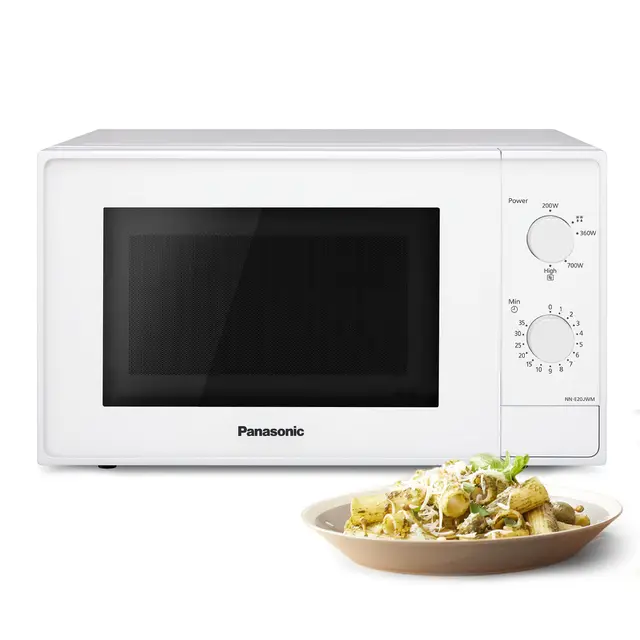Panasonic NN-E20JWMEBG Horno microondas con Plato Giratorio de Cristal, 20 L, 800 W, Descongelación, 5 Niveles De Potencia, Temporizador, Blanco
