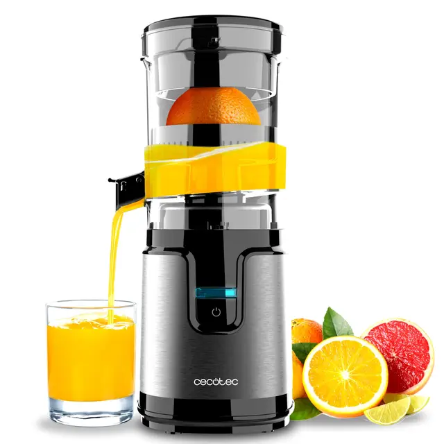 Cecotec Exprimidor de Naranjas Eléctrico de Torre Essential TowerAdjust Easy Steel. 140W, Capacidad de 0,35L, Incluye un Filtro y un Cono de Plástico, Única Dirección de Rotación, Desmontable