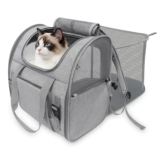 Transportin Gato Expandible, Mochila para Gatos y Perro Transpirable, Grande Mochila Gatos Transporte Plegable para Viajar/Coche/Avión, Bolsa para Mascotas con Arnés Interno 9kg