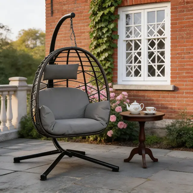 Silla Colgante con Soporte Metálico - Columpio Huevo 150 kg Cojines Incluidos - Estructura Estable para Jardín, Balcón o Patio - Hamaca Colgante Exterior Gris,Gris