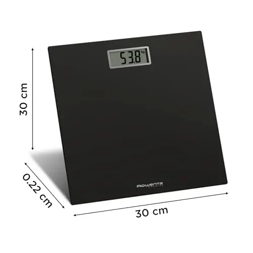 Rowenta Premiss - Báscula de baño con Pantalla LCD, diseño fino de 2cm de alto, hasta 150 kg y 100 gr precisión, encendido y apagado automático, Negro BS1400