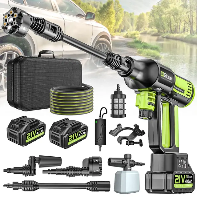 Hidrolimpiadora De Alta PresióN A BateríA 120bar, Pistola De Agua InaláMbrica con 2 BateríAs 4.0ah (Led), 6 En 1 Y Boquilla Giratoria 180° para Lavado De Coche, Fachadas Y Riego De JardíN