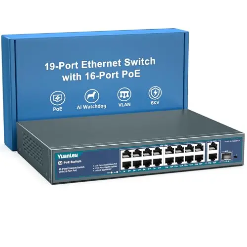 Interruptor PoE de 16 Puertos YuanLey con 2 Uplinks Ethernet Gigabit, 1 Puerto SFP, Soporte PoE+ de 250W 802.3af/at, Interruptor de Red no Gestionado con AI Watchdog, VLAN, 6KV, Montaje en Rack