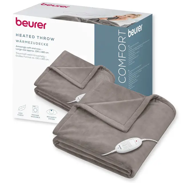 Beurer HD 75 Manta eléctrica, acogedora manta térmica con 6 ajustes de temperatura, sistema de seguridad y desconexión automática, lavable a máquina, color topo, 180 x 130 cm