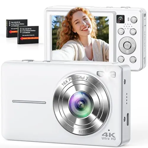 Cámara Digital 4K 64MP, Doble cámara con Enfoque automático, Flash, Zoom 16X, estabilización, Cámara de Fotos compacta para niños, Adolescentes, Adultos y Principiantes (Blanco)