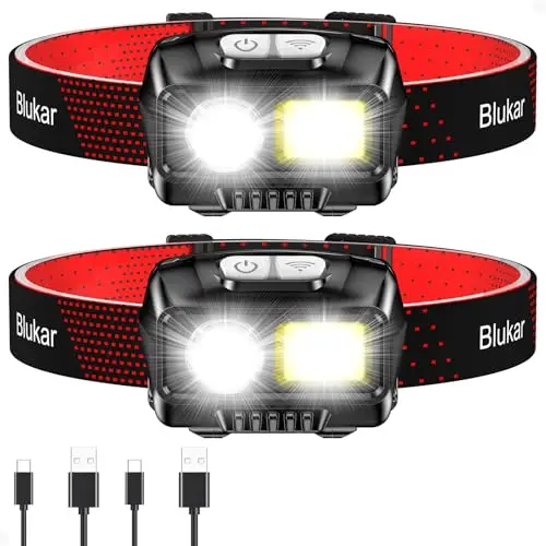 Blukar Linterna Frontal Recargable, [2 Pack] 2000L Super Brillante Linterna Cabeza LED Con Sensor de Movimiento y Luces de Advertencia Rojas, 8 Modos Luz, 30h de Tiempo Ejecución para Correr, Pesca