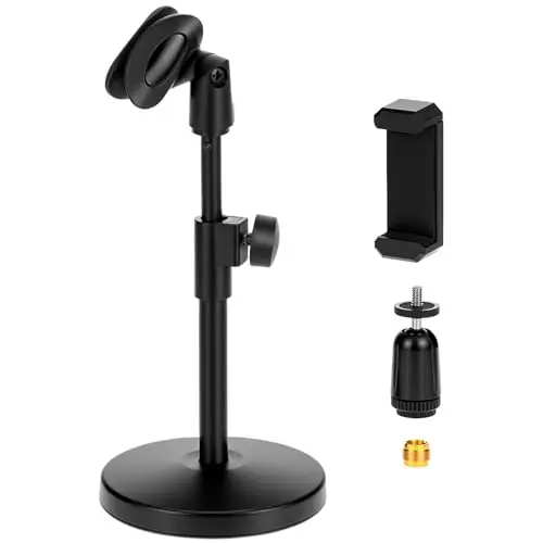 QWORK® Soporte microfono mesa multifuncional, pie de microfono ajustable con clip teléfono móvil, conector de 5/8 pulgadas a rosca de 3/8 pulgadas, para conferencias, transmisiones en vivo