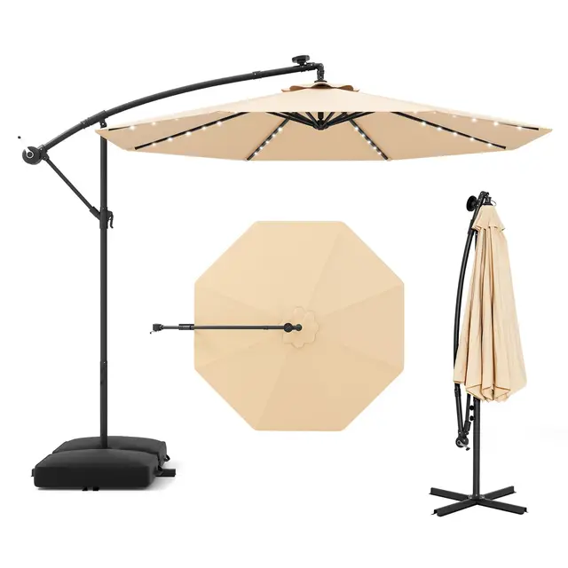 GOPLUS Sombrilla Terraza Exterior 3x3 m con 40 Luces LED Solares, Parasol Excentrico Inclinable con Pie y Base, Altura ajustable, Resistente al Viento y GuardaSol(con Base y LED, Beige, 3 M)