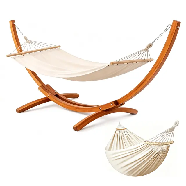 Hamaca con Soporte de Madera, Incluye 2 Hamacas, Carga 200 kg, 320x120x120 cm, Estructura Arqueada Estable de Madera, Altura Ajustable, para Jardín, Terraza y Balcón