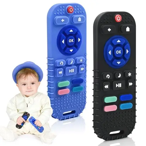 AiTuiTui Mordedor Bebe Refrigerante para 0-6-12 meses, 2 Piezas Silicona Mordedor Mando a Distancia Juguetes de Baño para 3-6-9 Meses Niño Niña, Suave Juguete la Dentición del Bebé, Negro y Azul