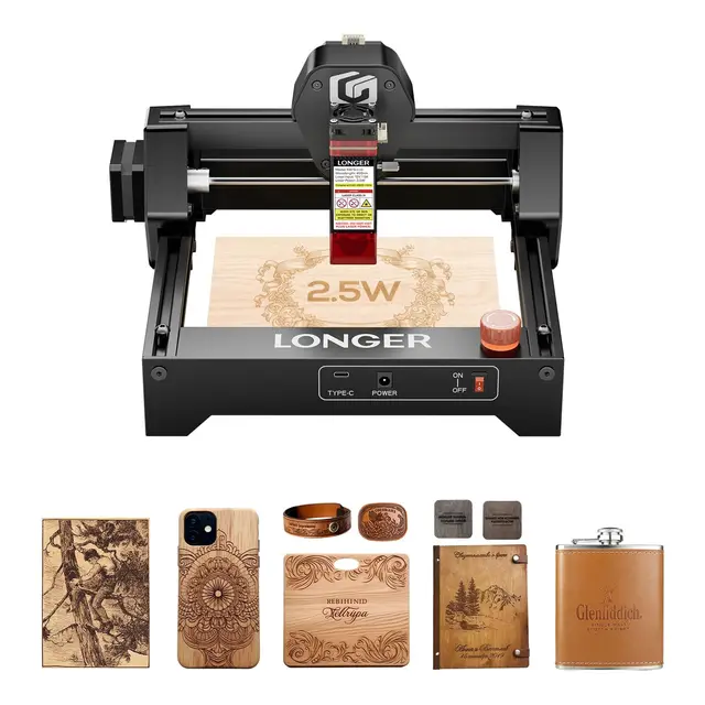 LONGER Ray5 Mini Grabador Láser 2.5W, Equipo Láser Alta Velocidad con Wi-Fi, Parada de Emergencia, Grabado Preciso para Madera, Metal, Acrílico, Cuero, Área Trabajo 140 x 130 mm
