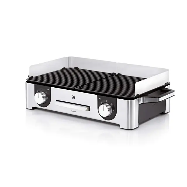 WMF Lono - Mastergrill, Parilla Eléctrica 2400W, Superficie Antiadherente, 2 Placas Desmontables con Regulador Temperatura Individual, Acabados de Acero Inoxidable Cromargan, Color Plateado/Negro