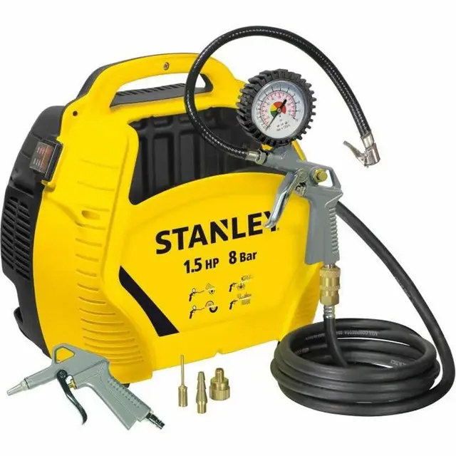 Stanley Compresor Aire 8 Bar - Compresor de Aire Portatil Sin Aceite con Herramientas Neumáticas - Set de Compresor Incluye Manguera de Aire de 3M, Pistola de Aire con Manómetro y 3 Boquillas