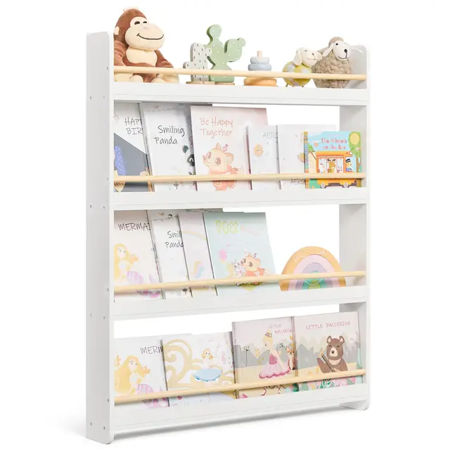 SONGMICS Estantería Infantil, Estante con 4 Niveles, para Juguetes, Estantería de Pared, para Habitación de Niños, Cuarto de Juegos, Blanco y Natural GKR014W01