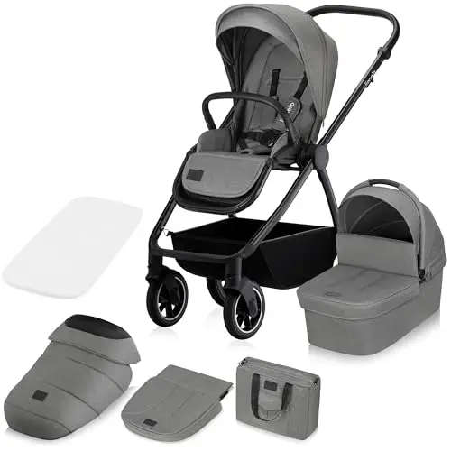 LIONELO MERIL Silla paseo bebe 2 en 1 0-48 meses Hasta 22 kg, Capazo XXL Hasta 9 kg, Ruedas grandes Todoterreno 360°, Respaldo Ajustable Posición Acostada Suspensión Total Capota XXL (Grey)