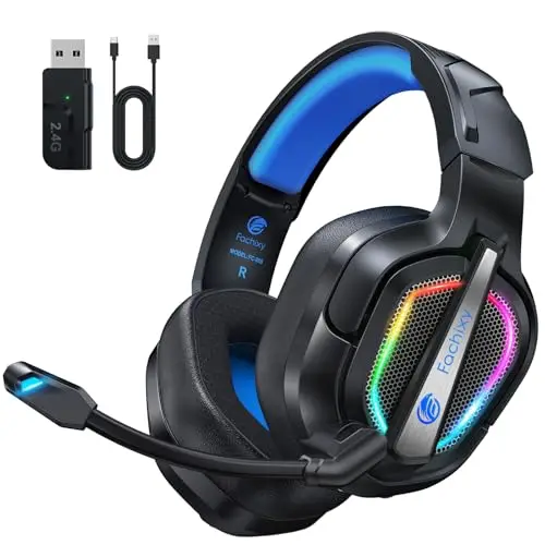 Fachixy FC200 Cascos Gaming Inalámbricos, 2.4GHz Bluetooth Auriculares Gaming Inalambricos para PS5, PS4, PC, Switch, Cancelación de Ruido de Baja latencia, luz LED, Duración 50Hr