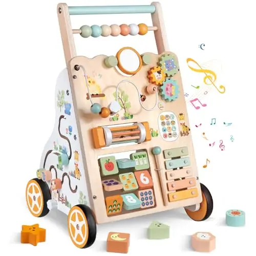 Andador de Madera para Bebé con Ruedas – Baby Juguete Montessori para Aprender a Caminar – Centro de Actividades para Niños y Niñas de 1 Año – Altura y Velocidad Ajustables – bebés 12+