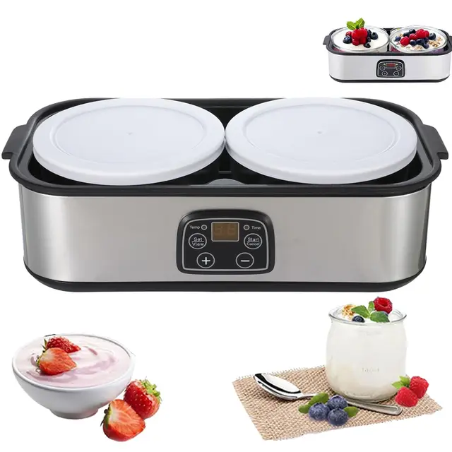 Máquina automática de yogur, 2 L, temperatura ajustable y temporizador, yogurtera eléctrica con indicador LED y 2 recipientes de cristal, ideal para la preparación de yogur orgánico, productos lácteos