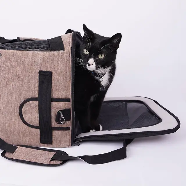 Transportín Perro y Gato Bolso Portaperro Transpirable para Mascota Transportadora de Viaje Ventilación Bolsillos Laterales Dos Puertas con Correa para Coche (Marrón, 35x40x45cm)