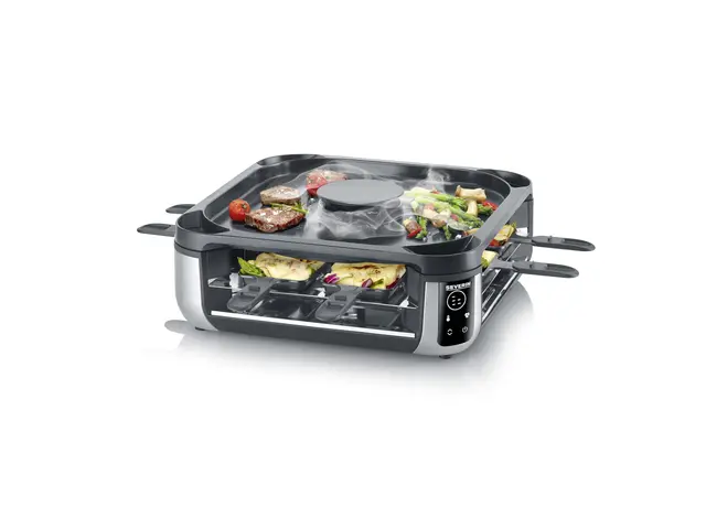 SEVERIN Raclette Grill Digital con Filtro de Aire Circulante, Parrilla Eléctrica para 8 Personas, Placa y Sartenes Aptas para Lavavajillas, Control de Temperatura Digital RG 2350