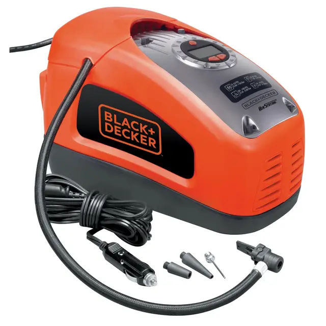 BLACK+DECKER Compresor de Aire Inflador con Cable, Potencia 160 PSI, Alimentación eléctrica 230V o corriente de coche CC 12V, Ajuste Digital de Presión, Auto-Apagado, ASI300-QS