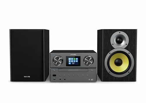 Philips TAM8905 Sistema de música Micro 100W, Bluetooth, Spotify Connect, Radio por Internet, Dab+, CD, USB, Altavoces Bass-Reflex, Control Digital de Sonido, diseño clásico con Pantalla a Color