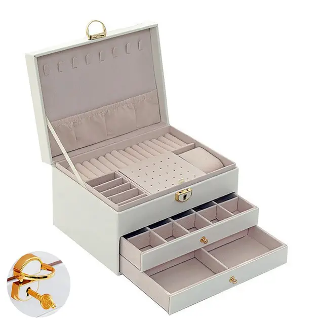 Mujiluxe Joyero apilable 3 niveles con compartimentos, cerradura y llave, y 2 cajones para anillos, pendientes, pulseras y collares (Blanco Perla)