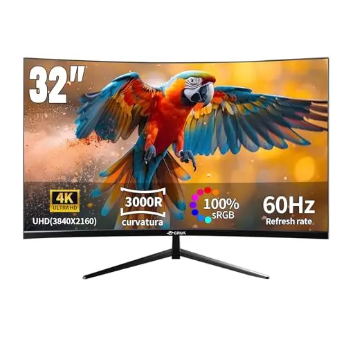 CRUA Monitor curvado 4K de 32 pulgadas, panel VA ultraancho 3000R, UHD 3840 x 2160 con HDR10, sincronización adaptativa, 100% sRGB, pantalla de cuidado ocular para juegos, trabajo y entretenimiento