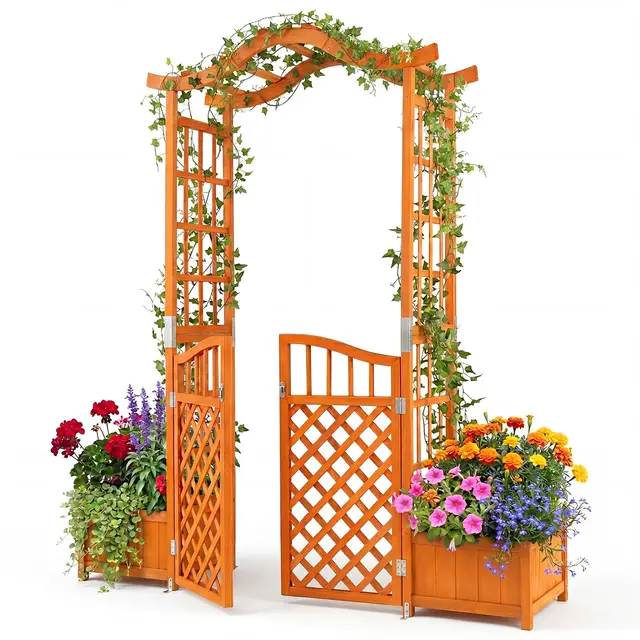 COSTWAY 210 cm Jardinera con Celosia, Pérgola de Jardín con Puerta y 2 Jardineras, Arco Jardin Exterior de Madera con Orificios de Drenaje, Enrejado para Plantas Trepadoras, Rosas y Enredaderas