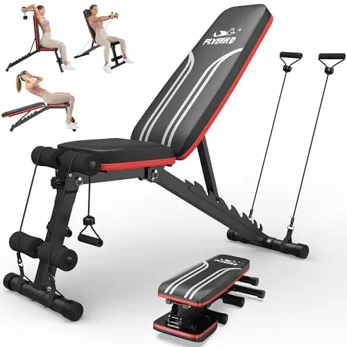 FLYBIRD Banco Musculación Plegable, Banco Ajustable con 8 Ángulos y 3 Alturas de Pie, Capacidad de 318 kg, Plano/Inclinado/Declinado/Vertical para Entrenamientos de Cuerpo Completo en Casa y Oficina