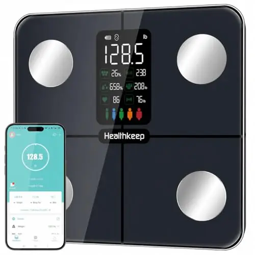 Báscula Grasa Corporal Healthkeep Báscula de Baño, Básculas Inteligentes Digitalescon Función de Frecuencia Cardíaca,15 Datos Corporales,Pantalla VA Extra Grande,Negro