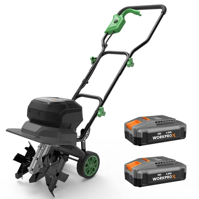 WORKPROX Motoazada Eléctrica a Batería 40V con 2×4,0Ah, Cultivador de Jardín Inalámbrico, Ancho de Trabajo 30 cm, Profundidad 20 cm, Ruedas Ajustables, Mango Plegable