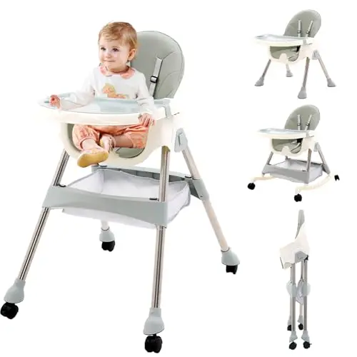 Trona Plegable para Bebé con Bandeja Extraíble y Ruedas,Altura Regulable,Combinación de Funciones para Bebés y niños Pequeños