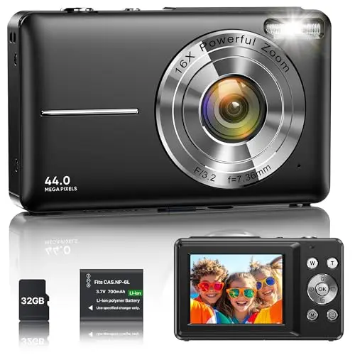 Cámara Digital 1080P 44MP Cámara de Vlogging para Niños Adolescentes, FHD Compacta Portátil con Pantalla de 2,4" Zoom 16X, Mini Cámara Anti-vibración para Principiantes Estudiantes-Negro