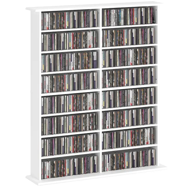 Unidad de Almacenamiento de CD y DVD HOMCOM, Unidad de Almacenamiento Multimedia con 16 Compartimentos y 12 estantes Ajustables, Capacidad máx. 720 CD/396 DVD y BLU-Ray, 106,5 x 24 x 123,7 cm, Blanco