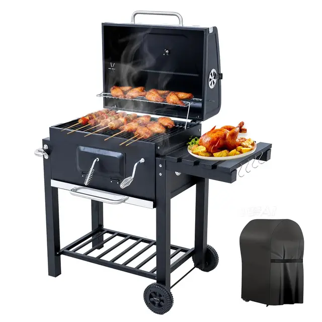 Barbacoa de Carbón, Parrilla con Tapa de Acero de 56×42,5 cm, Bandeja Ajustable en Altura, Mesa Lateral Plegable, Incluye Funda