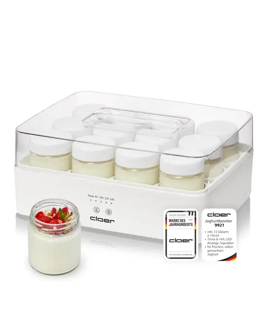 Cloer 9921 Yogurtera para 12 tarros de 150 ml, máquina para yogur casero, temporizador 8–14 h, pantalla LED, señal acústica, carcasa de plástico con tapa transparente, blanca, 17 W
