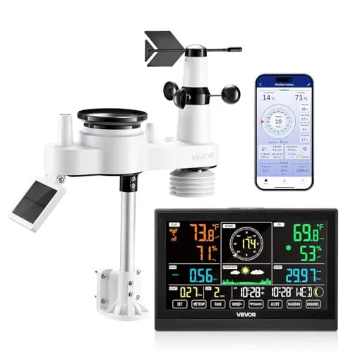 VEVOR Estación Meteorológica Wifi 7 en 1, con App, Pantalla VA de 190,5 mm, Sensor Solar Inalámbrico, Pluviómetro, Pronóstico del Tiempo, Velocidad del Viento, Temperatura, Humedad y Precipitación