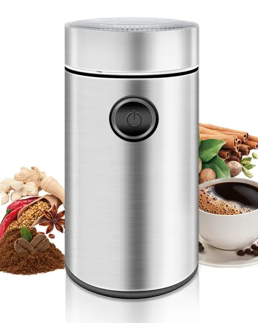 Molino de Café Eléctrico de Acero Inoxidable, 150W 22000 RPM Alta Velocidad, Capacidad 50g, Molinillo Compacto para Granos de Café, Nueces, Especias y Semillas (9.7x9.7x17.8cm)