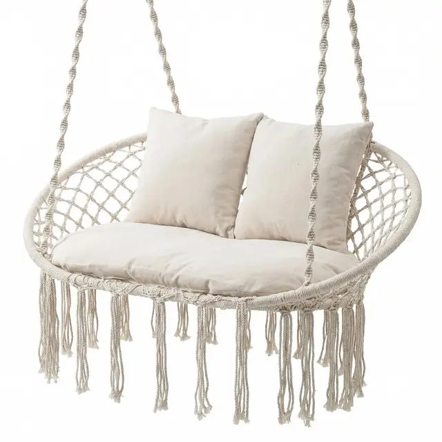 COSTWAY Silla Hamaca Colgante, Columpio de 2 Plazas con Flecos, Cojines y Estructura Metálica, Asiento Doble de Estilo Bohemio, Uso Interior Exterior para Patio Balcón Porche, Carga 250 kg, Beige