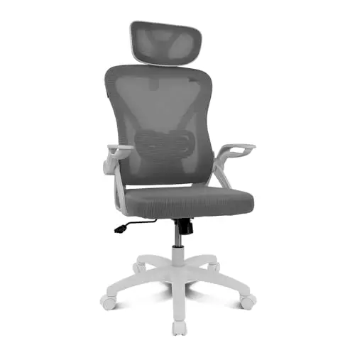 DRIFT GAMING DRAIR35 – Silla Escritorio Ergonómica Oficina y Hogar de Malla tensada Transpirable, Reclinable 90-120°, Reposacabezas y Reposabrazos Abatibles, Soporta hasta 120 kg, Gris-Blanco