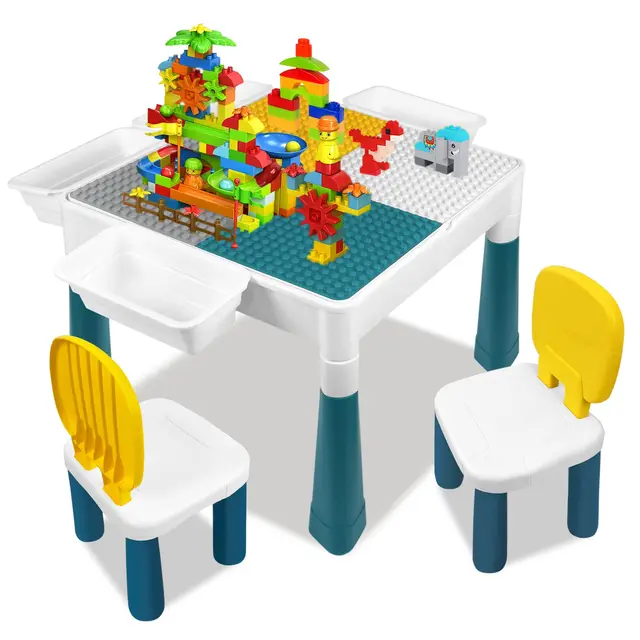 UISEBRT Mesa Infantil Con 2 Sillas y 163 Bloques de Construcción - Juego de Mesa Multifuncional Para Niños - Mesa de Actividades y Manualidades