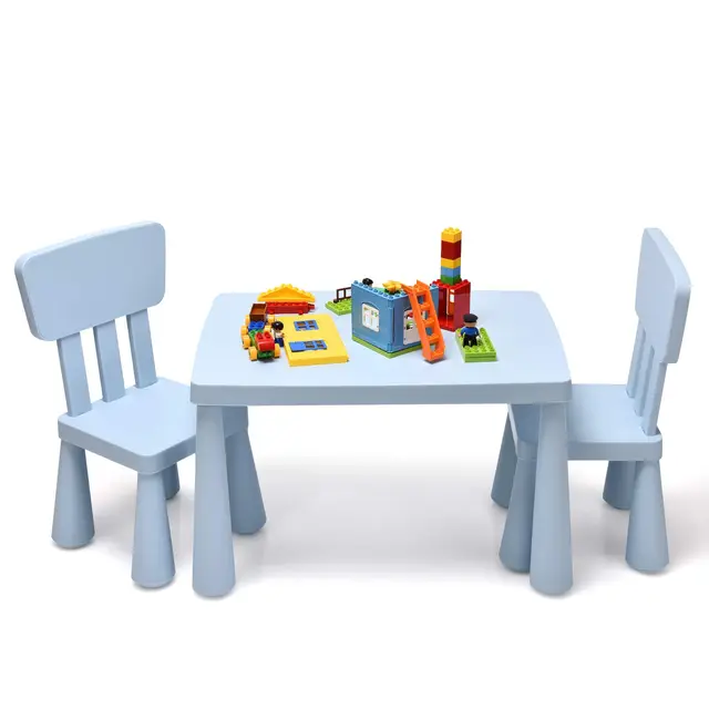 LIFEZEAL Juego de Mesa y Silla Infantil, Mesa con 2 Sillas de Plástico para Niños, Conjunto de Pupitres de Actividades para Niños, Set de Mueble Infantil de 3 Piezas, Apto para 1-7 Años (Azul)