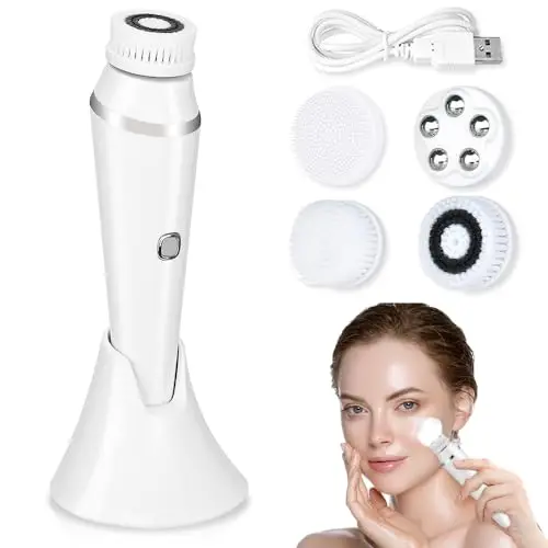 Cepillo de Limpieza Facial, Recargable Limpiador Facial Eléctrico con 4 Cabezales Cepillo facial Masajeador del rostro IPX7 Impermeable Para Todos los Tipos de piel