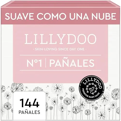 Pañales LILLYDOO delicados con la piel - talla 1 (2+ kg), caja mensual (144 unidades), protección contra fugas, suaves, sin perfumes ni lociones y dermatológicamente probados